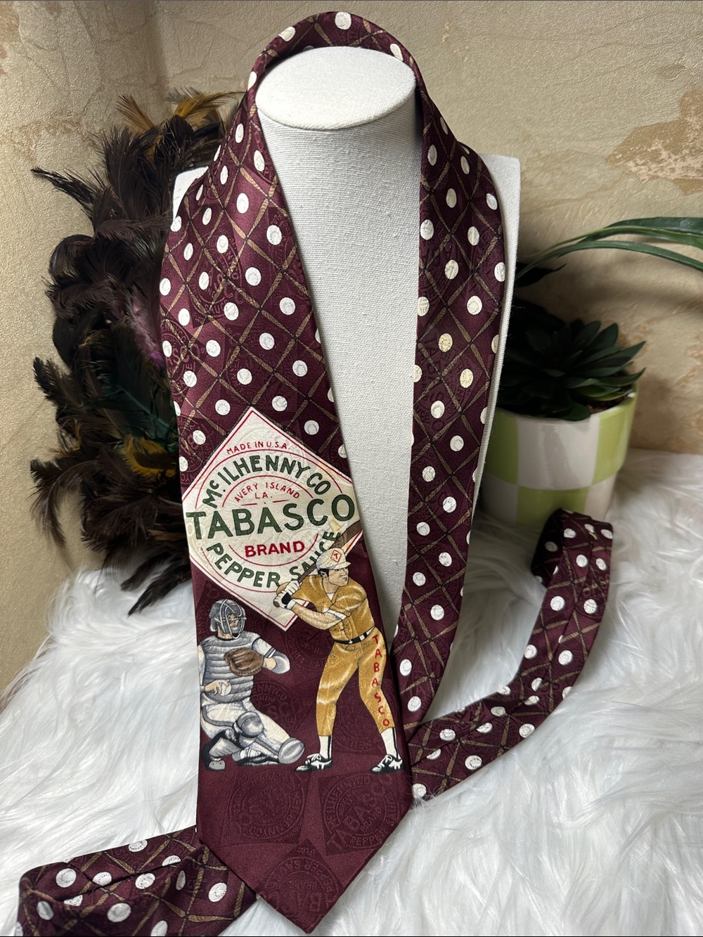 Tabasco Burgundy and White Polka Dot Novelty Tie with Baseball Graphic
